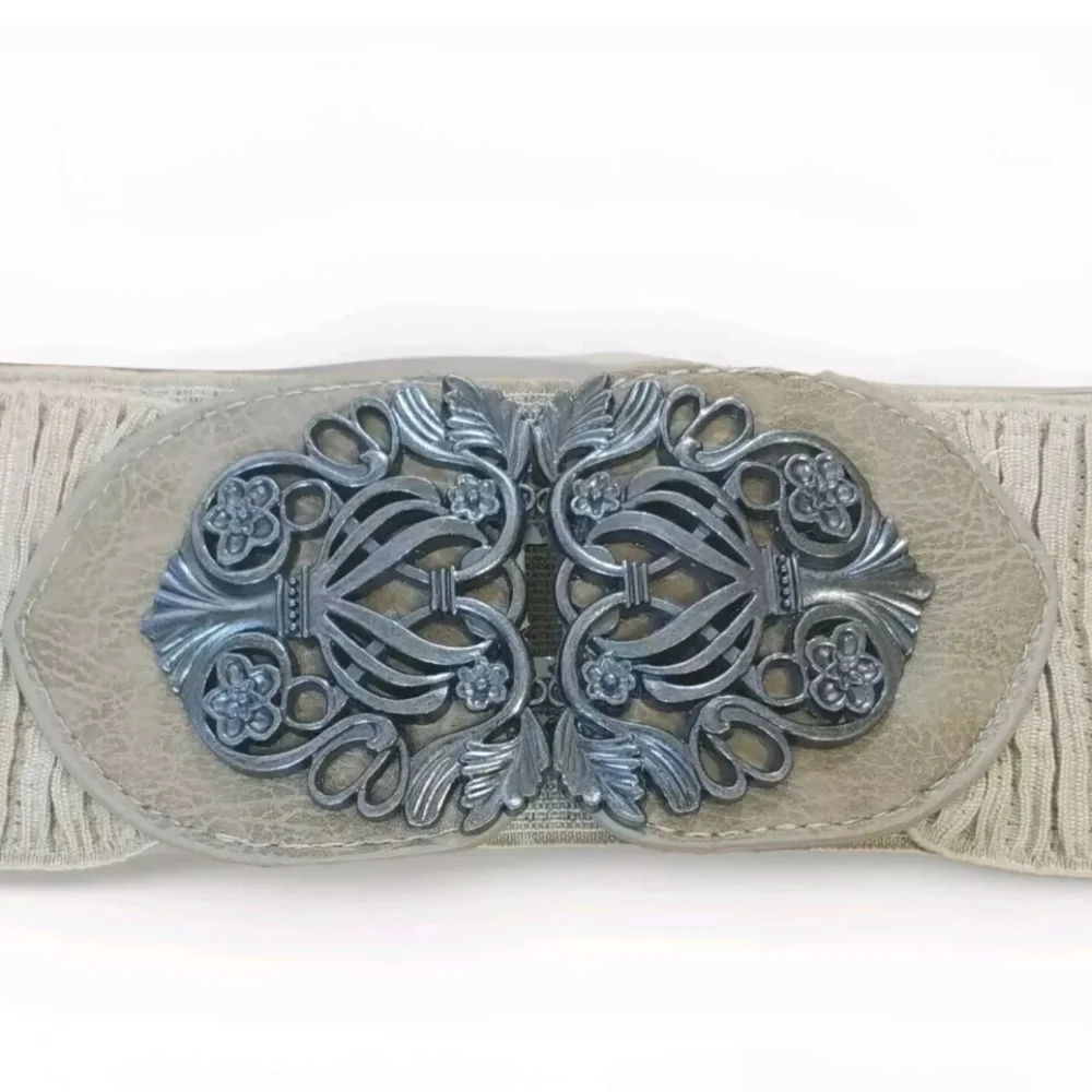 Boho Hippie Fairy Grunge Stretch Waist Belt Beige Floral Buckle Southwestern M/L